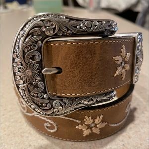 Noona Belt Co.  Genuine leather bling rhinestones embroidery belt size S brown